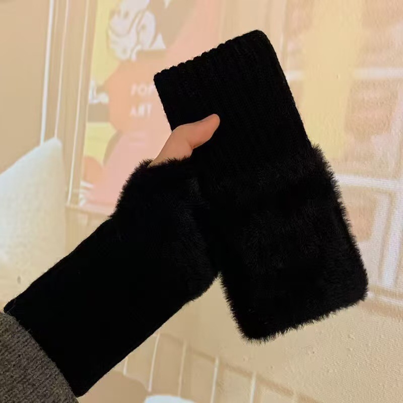网红款针织无指手套女百搭半截半指保暖秋冬手袜简约纯色毛绒手套|undefined