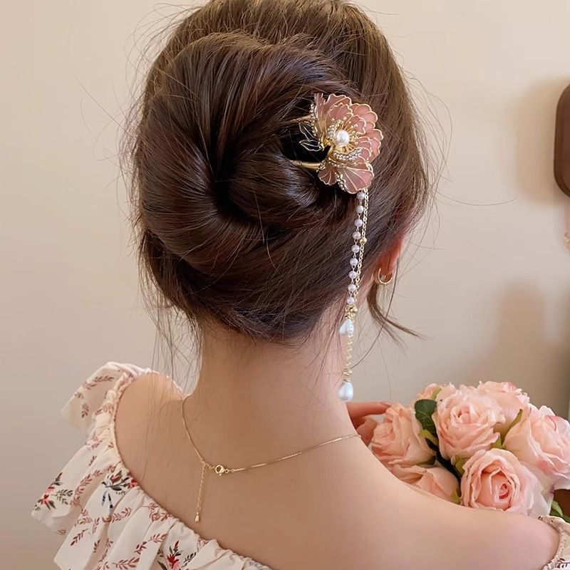 中国風の高級牡丹の花のヘアピン女性のための新しいスタイルのタッセルヘアピン U 字型ヘアピン新しい中国風のヘアピン|undefined