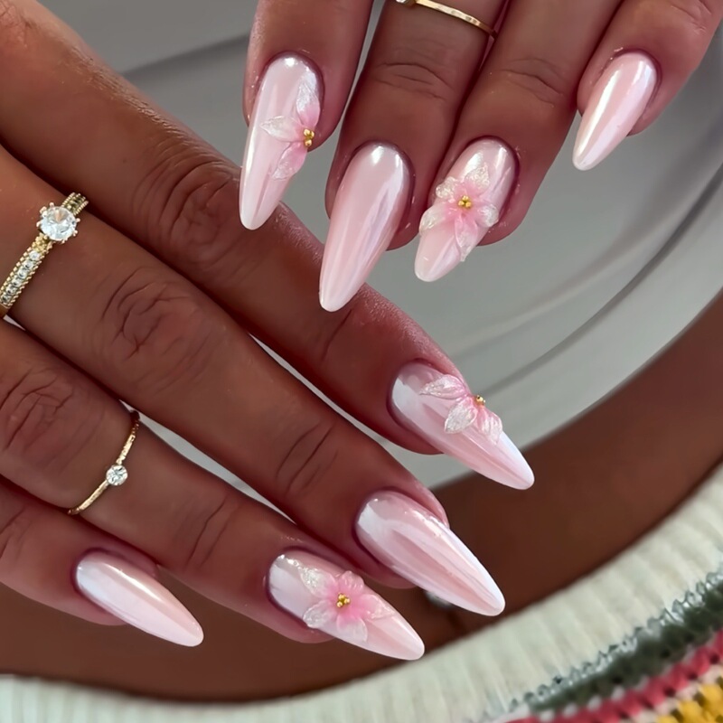 Cross-Border Hot Selling Almond-Shaped Fake Nails Pure Pink Simple Fashion Three-Dimensional Flower Wearable Nail Products Wholesale Cross-Border Hot Selling Almond-Shaped Fake Nails Pure Pink Simple Fashion Three-Dimensional Flower Wearable Nail Products Wholesale