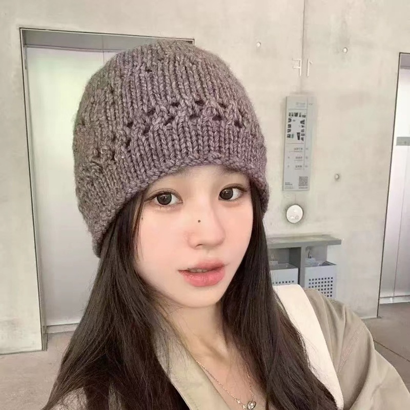 韩系镂空羊毛混纺毛线帽女秋冬时尚休闲针织帽百搭显脸小套头冷帽|undefined