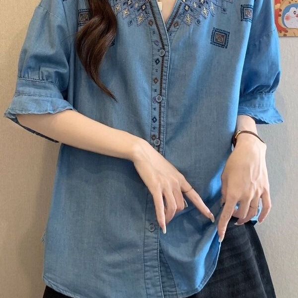 Denim Shirt for Women, Retro Style, Summer, Plus Size, Embroidered, Short-Sleeved, Ethnic Style, Loose Fit, Flattering for Curvy Figures Denim Shirt for Women, Retro Style, Summer, Plus Size, Embroidered, Short-Sleeved, Ethnic Style, Loose Fit, Flattering for Curvy Figures