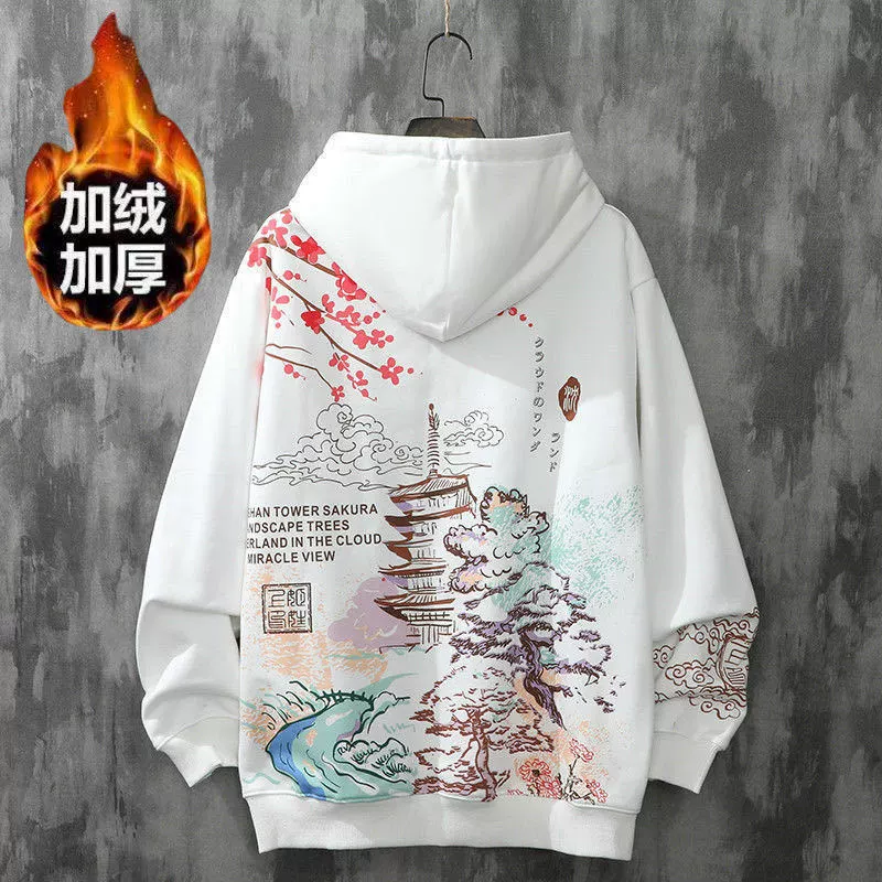 Sweatshirt Autumn Thin Hoodie, Unisex Loose Fit, Chinese-Style Sakura Print