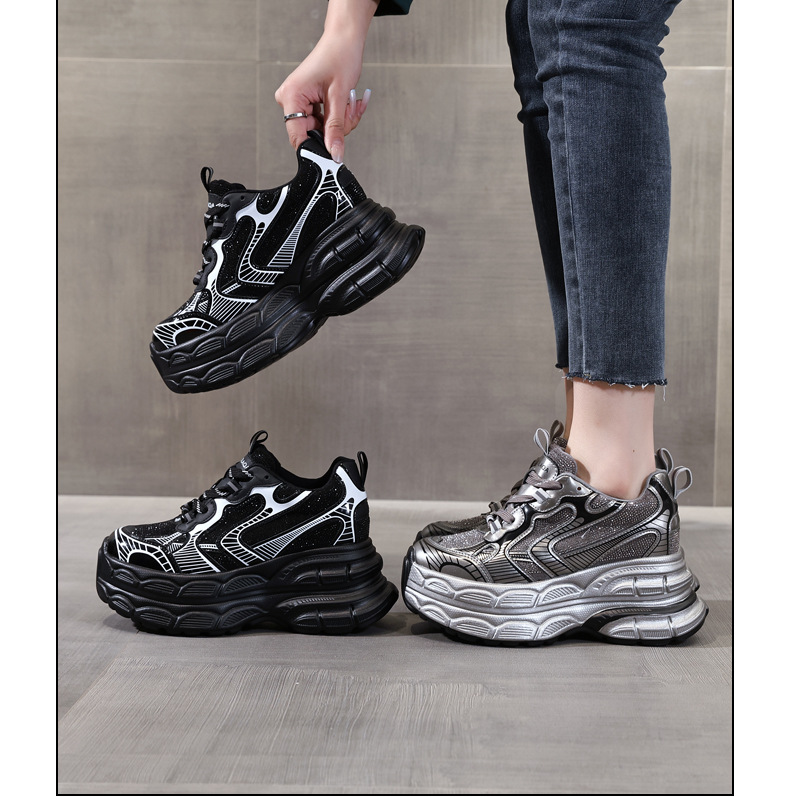 Giày sneaker nữ đế dày tăng chiều cao phối đá rhinestone — Màu đen chi tiết 20