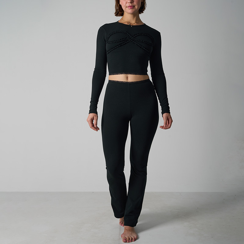 Sexy katoenen broekenset met strikdetail voor dames – comfortabele, hooggetailleerde flared legging en cropped top (zwart, roze, grijs, S-XL)_voghion.com