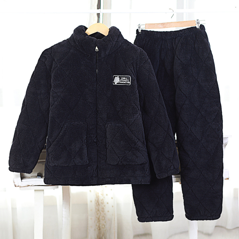 Winter Three-layer Quilted Pajamas Men's fleece-lined Thickened Loose plus size Outwear Mid-length Flannel Pajamas for Middle-aged and Elderly