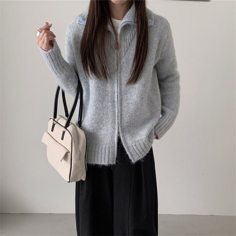 韩系花线双拉链毛衣外套女装秋冬新款宽松慵懒风软糯针织开衫上衣|undefined