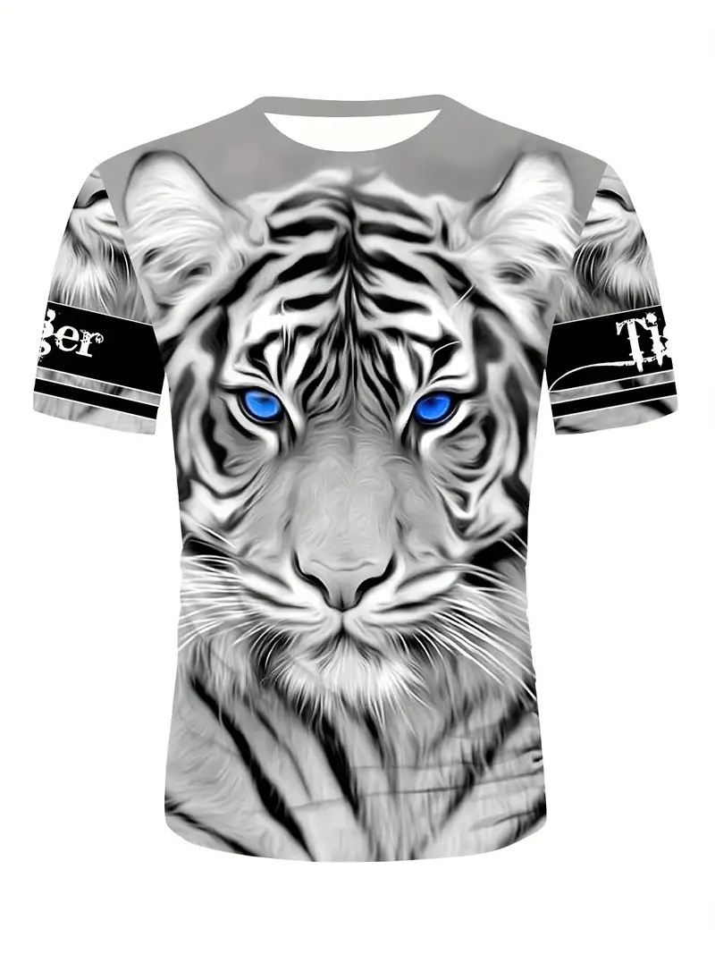 Venta caliente de la calle europea y americana tigre blanco estampado 3D hombre verano suelto transpirable hombro de manga corta cuello redondo camiseta en stock