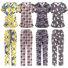 TEMU热销印花洗手衣套装SPA美容院护士服工作服V手术衣代发男女