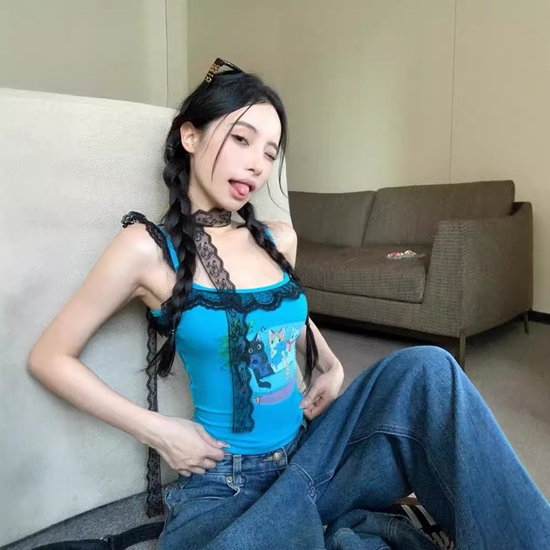 Cat Print Blue Royal Sister Spice Sling Vest Women's T-Shirt Slim-fit Inner Lace Short Top for Outer Wear Cat Print Blue Royal Sister Spice Sling Vest Women's T-Shirt Slim-fit Inner Lace Short Top for Outer Wear