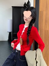 假两件拼接红色长袖针织衫女春春秋修身显瘦内搭打底毛衣短款上衣