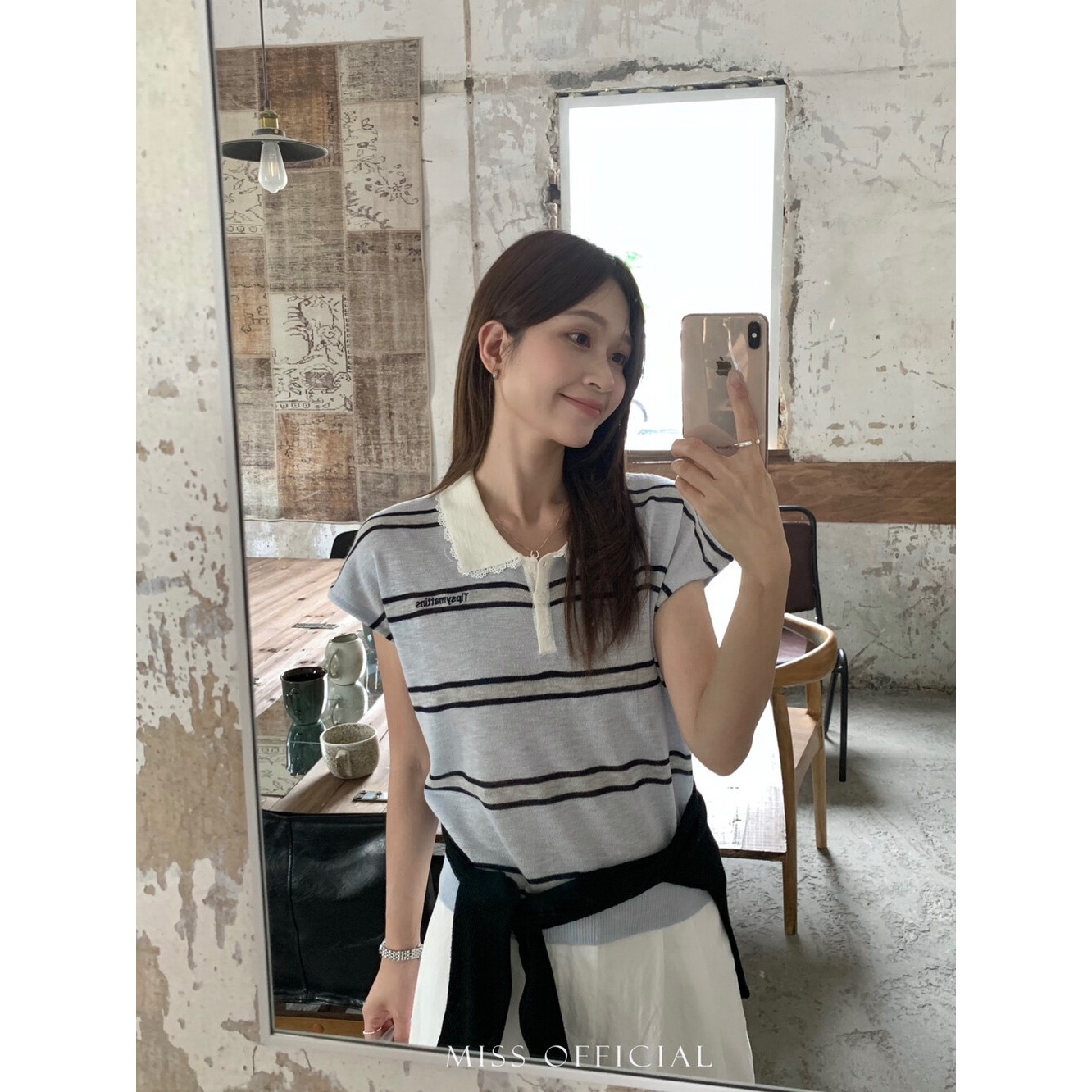 MISS密思家】元气感【蕾丝拼接Polo领减龄学院风条纹针织衫A0893