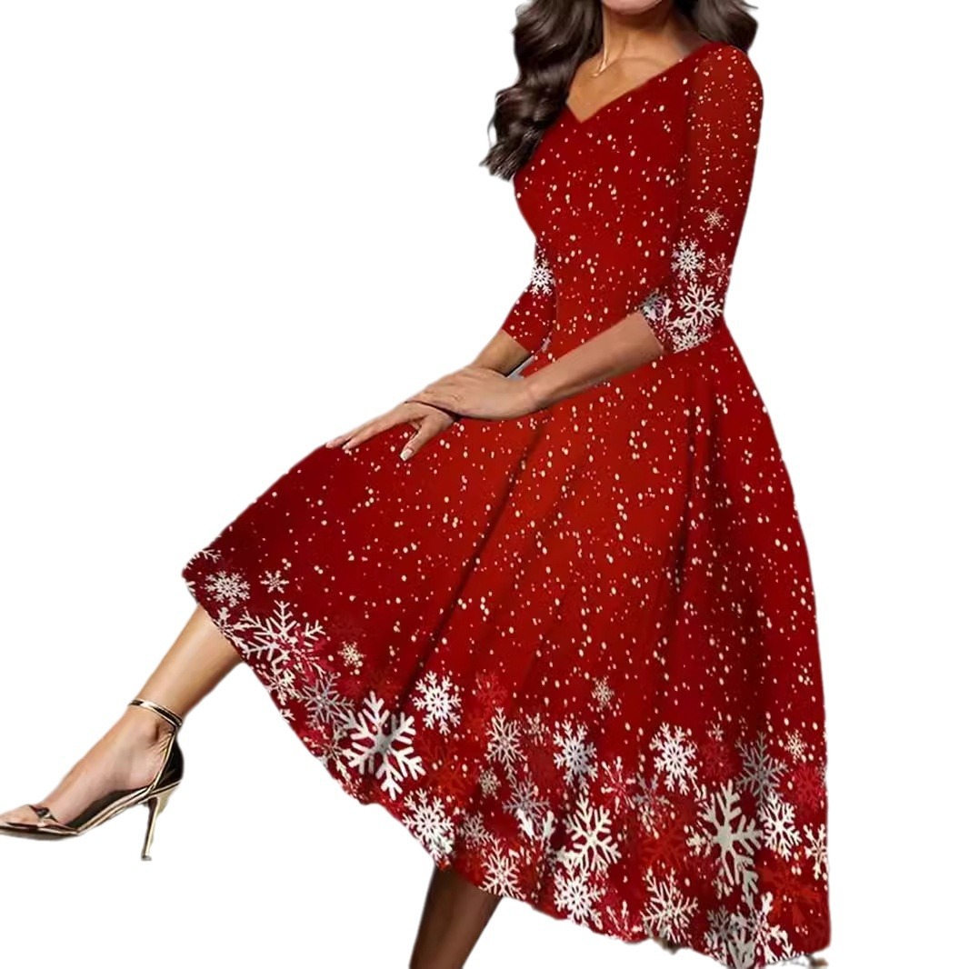 Nuevos productos transfronterizos de ropa de mujer europea y americana Amazon estación independiente grande impresión de copo de nieve de Navidad vestido de manga larga image 3