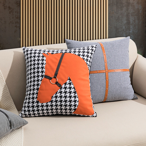 Nordic light luxury PU leather cushion, sofa back cushion, living room sofa waist cushion, horse head and phoenix pattern splicing cushion, bed head waist support