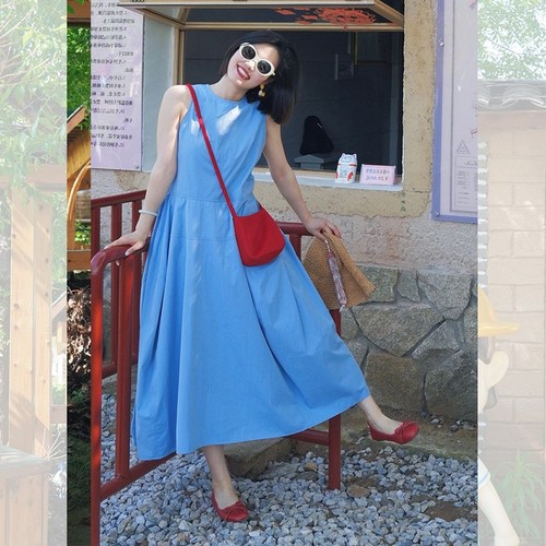 French-style blue dress for women, summer 2025 new arrival, pear-shaped figure slimming, sleeveless backless long dress