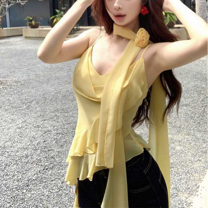 黄色立体花朵飘带荷叶边吊带女夏季纯欲风甜辣妹温柔夏日绝美上衣|undefined