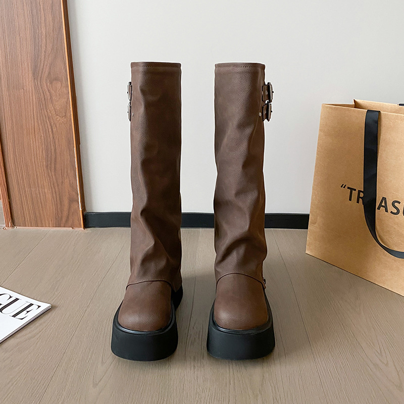 2024年秋の長靴の女性の小さいズボンのズボンの絨里の騎士の靴の厚い底は高くて太っています。