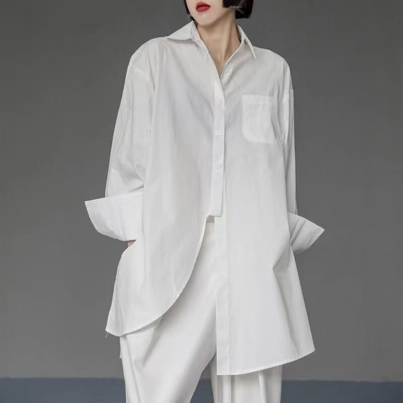Spring and Summer New Women's Dark Style Irregular Button-Down Shirt Mid-Length Bf Slit Shirt Barber Heavy-Duty Clothing
