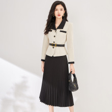 2322109-时髦雪尼尔撞色设计小外套上衣+高腰百褶半身裙两件套女