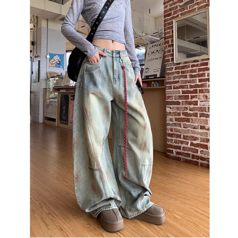 美式复古脏染弯刀裤牛仔裤女秋季设计感工装高腰宽松阔腿镰刀裤子|undefined
