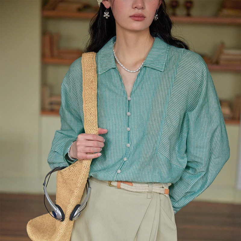 Soligther French Stripesd Thin Sun Protection Shirt for Women, Slim and Loose, 100% Cotton Top