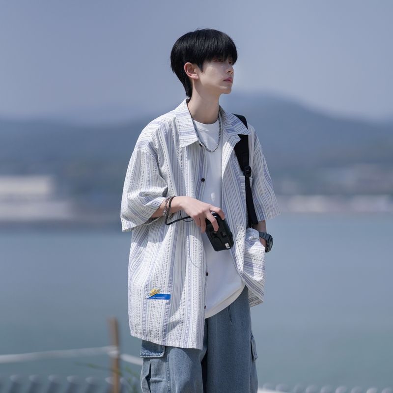 Sunny Clean Boys Wear Striped Shirt Short-sleeved Summer 2024 New High-end Ice Silk Seven-sleeved Shirt