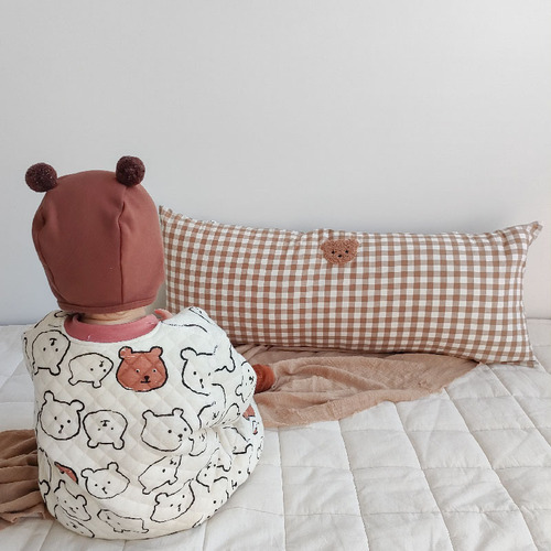 Korean ins style bear head cotton plaid children's pillow pillow baby long pillow crib guard anti-collision strip
