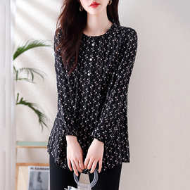 温柔风减龄碎花衬衣衫胖妹妹藏肉显瘦长袖上衣秋新款大码女装