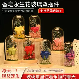 永生花玻璃罩 情人节花束礼物香皂花永生花束送女友LED灯装饰摆件