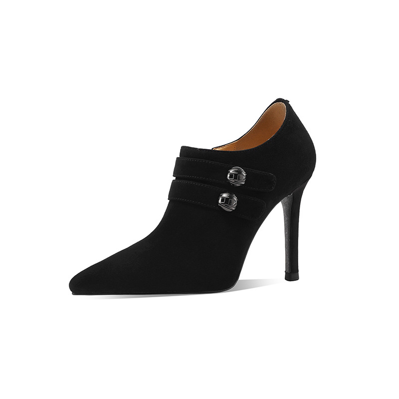Boot nữ da cừu mũi nhọn gót 5 cm kéo khóa bên — Đen 5cm