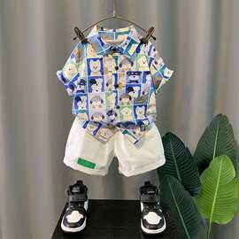 儿童帅气花衬衫套装夏装新款洋气男宝宝六一表演服短袖男孩短裤潮