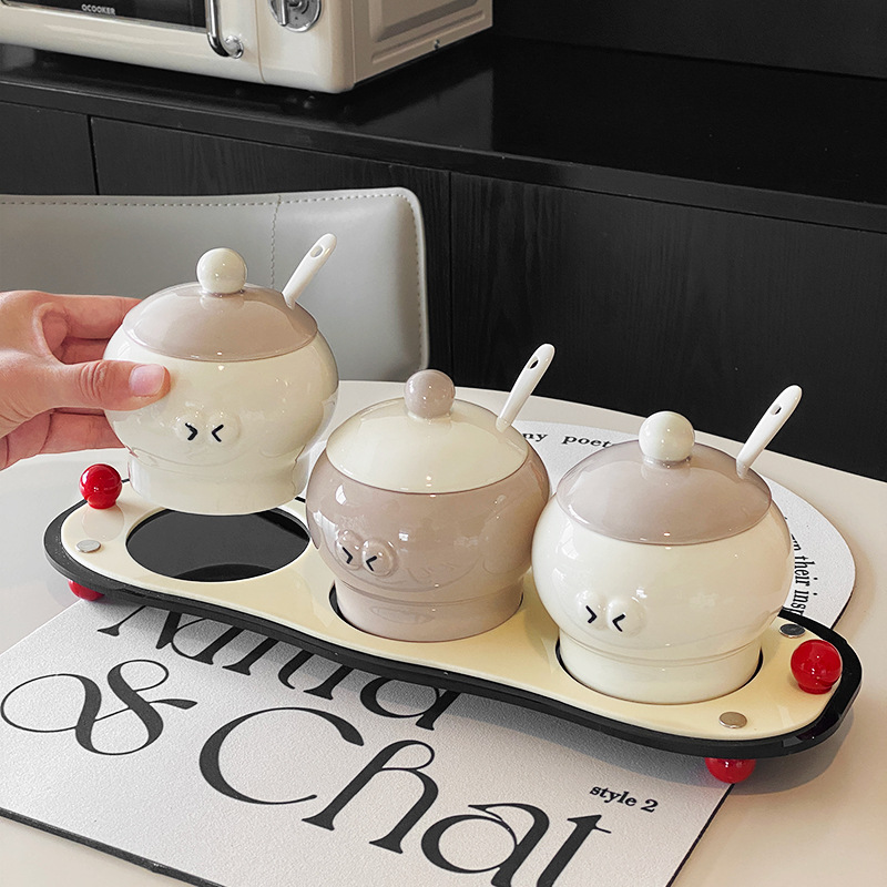 Nueva caja de condimentos de viento de crema de sal de cocina doméstica condimentos de condimento caja de almacenamiento conjunto de condimentos de cerámica