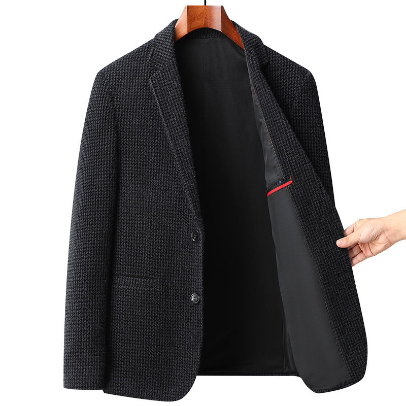 Áo vest nam dáng ôm họa tiết chữ nhật nhỏ, vải co giãn dày, không cần ủi, tay dài — Ca rô Houndstooth xám nhạt, Ca rô Houndstooth Đen Xám