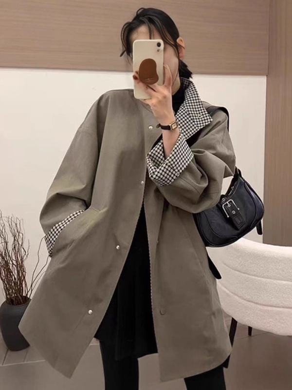 韩系设计感格子两面穿风衣外套女2025早秋新款宽松显瘦小个子上衣|undefined