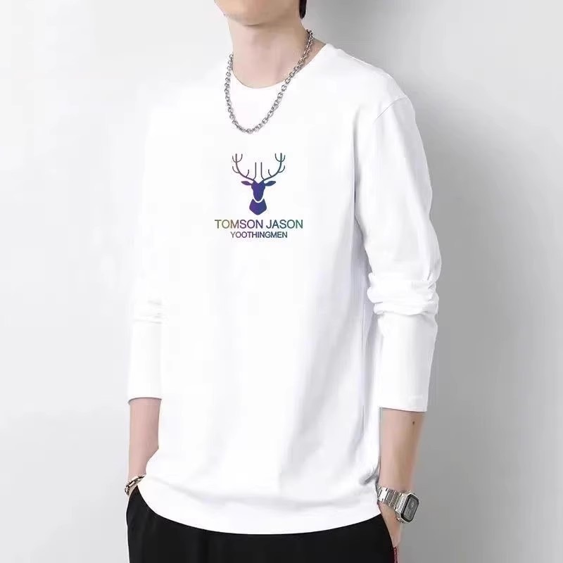 男性の秋のシンプルな牛乳のシルクの丸首のプリントの上着の青年の長袖の運動のカジュアルな百合のtシャツの底のシャツ|undefined