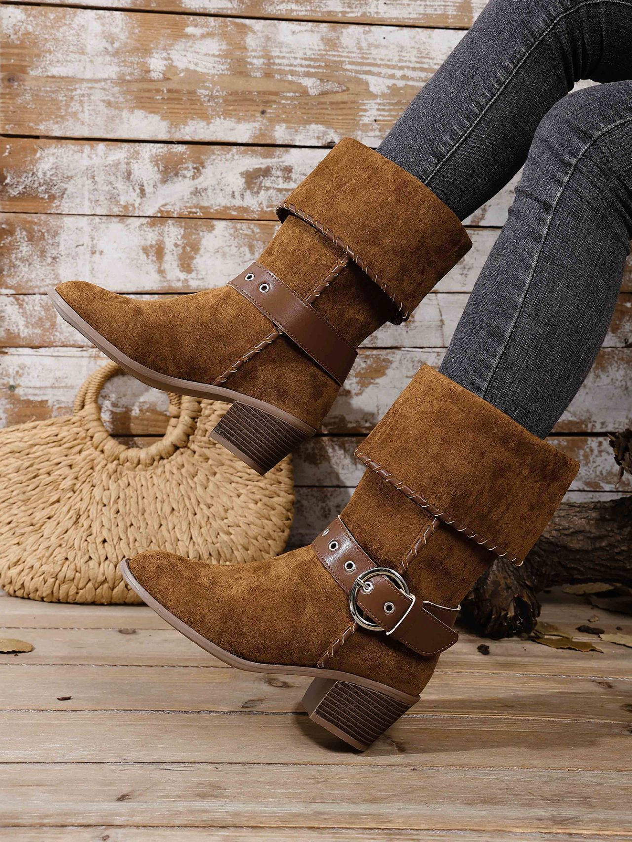 Women's Mid Calf Cowboy Boots For Women With Buckle And Chunky Heel_voghion.com