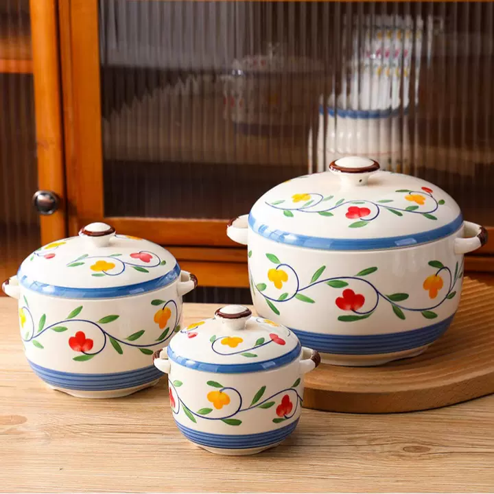 创意手绘炖盅陶瓷带盖釉下彩炖盅隔水炖炖盅双内环设计密封罐批发