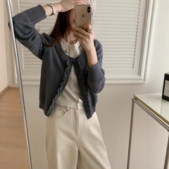 韩系甜美风木耳边针织开衫女秋季新款假两件休闲撞色短款毛衣外套