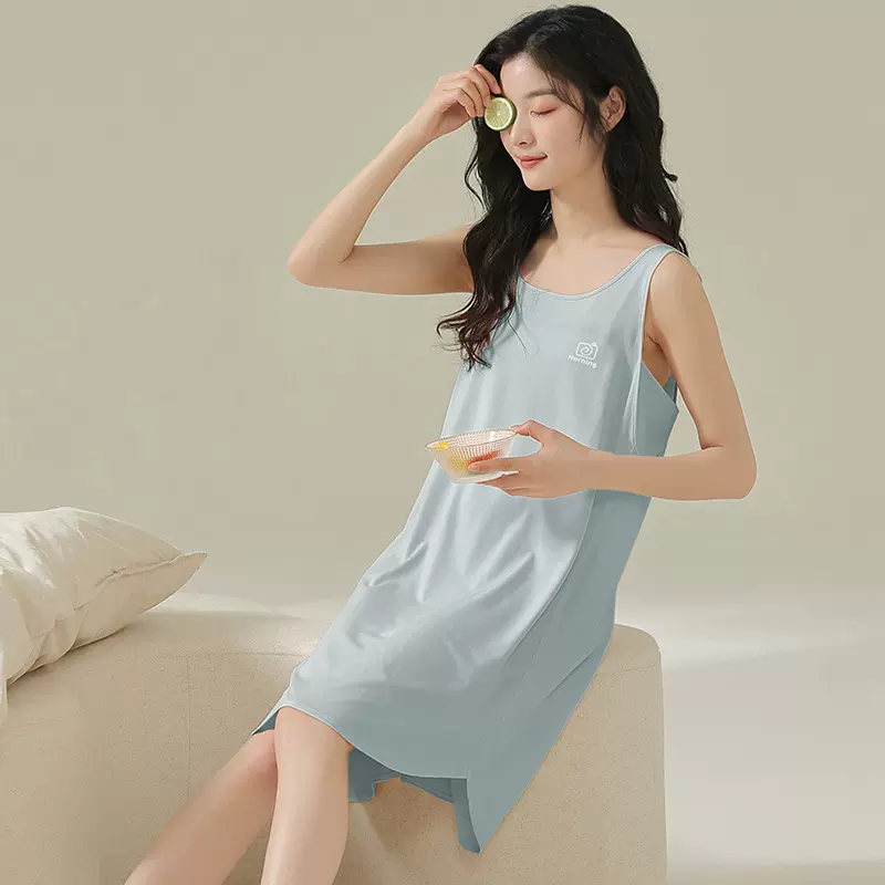 夏季莫代尔圆领无袖背心睡裙睡衣女休闲家居服套装可外穿透气亲肤