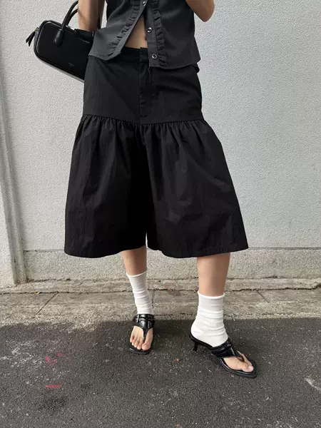 [9Hour] Pleated Patchwork Puffy Cropped Wide-Leg Pants for Women, Summer Personalized Design Casual Skirt Pants Zd8205