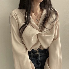 韩国chic秋季法式气质褶皱扭结设计宽松休闲纯色长袖衬衫上衣百搭