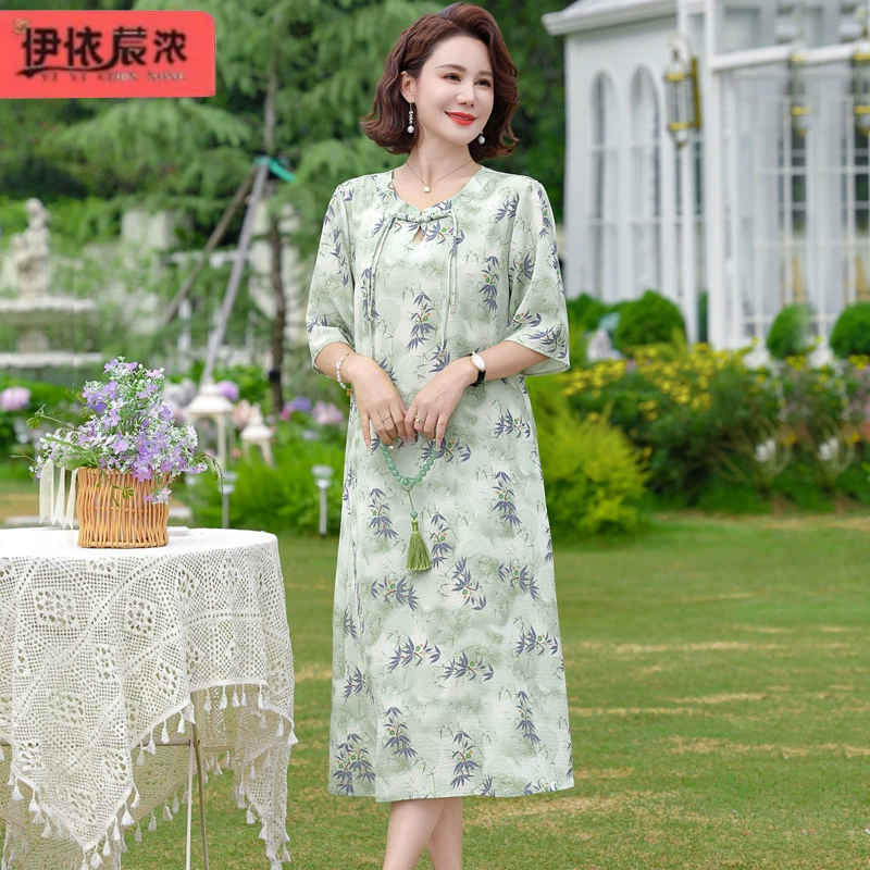 Летняя новая мама платье с короткими рукавами платье с принтом 50-летняя женщина среднего и пожилого возраста тонкая дышащая китайская юбка женщина