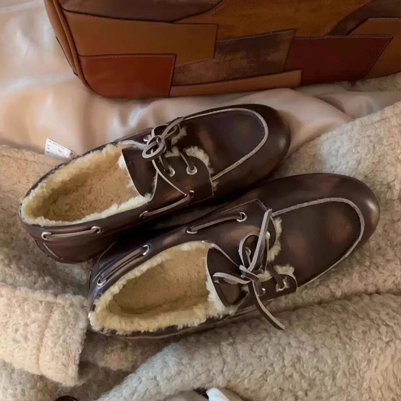 In-stock leather version~New Korean-style distressed round-toe plush loafers, versatile genuine leather flat shoes for women