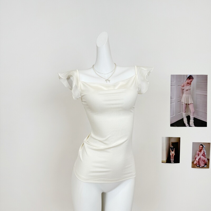 Apricot-Colored Swing-Collar Vest for Women, New Summer Style Slim-Fitting Top with Small Flying Sleeves