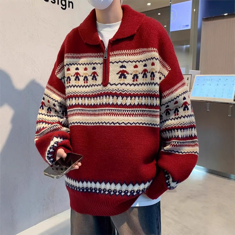 Christmas Couple Soft and Waxy Knitted Sweater Men's Autumn and Winter Trendyy Polo Collar Atmospheric Couple Retro Knitted Top