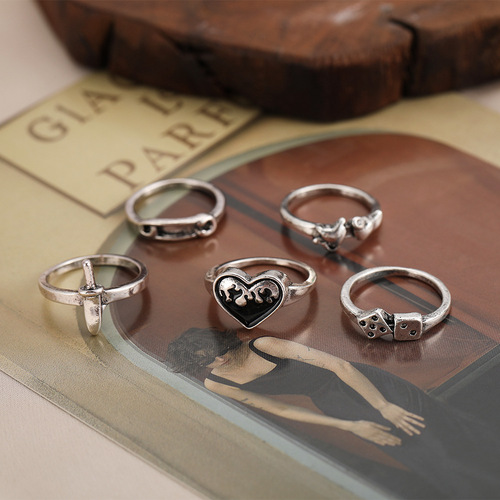 跨境合金个性链条戒指套装复古蛇爱心戒指6件套骰子戒指