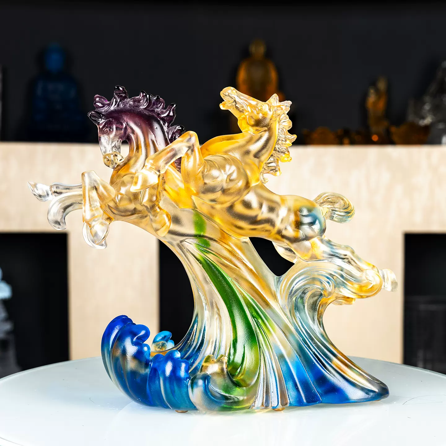 和谐共赢并驾齐驱琉璃马摆件商务礼品马到成功送客户开业上市礼品