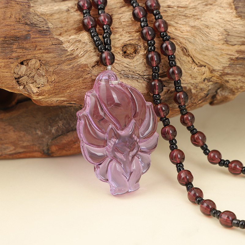 Rose Quartz And Obsidian Nine-tailed Fox Pendant Necklace Unisex_voghion.com