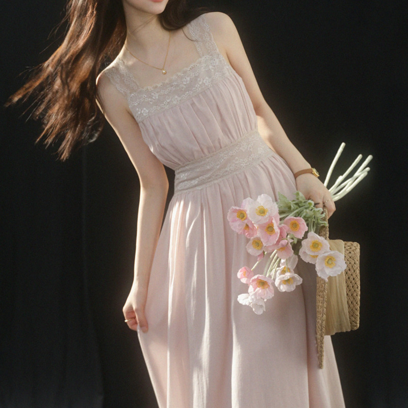 Sleepybunny Pink Square-Neck Lace Suspender Dress for Women Summer French Style Small Waist A-Line Long Dress