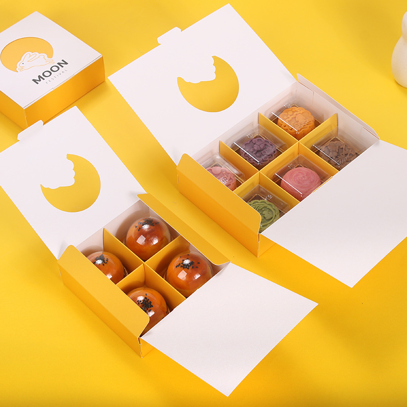 Venta al por mayor 4 tabletas 6 tabletas simple plegable caja de embalaje de pastel de Luna amarillo Festival de medio otoño helado caja de pastel de Luna yema de huevo crujiente caja vacía