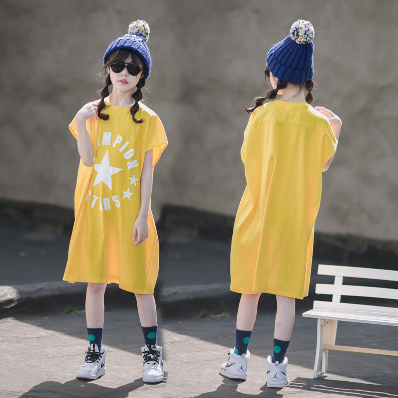 Vestido de ropa de verano para niñas 2023 nueva ropa de estilo occidental para niños falda de manga corta para niños falda de camiseta larga para niñas de verano